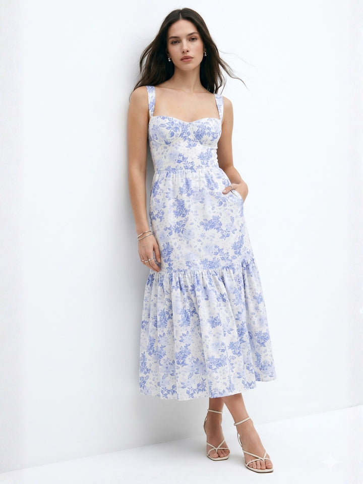 Blue Floral Printed Tiered A-Line Dress
