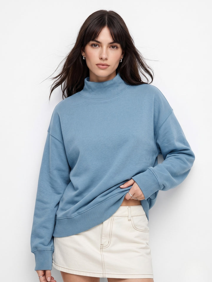 Blue High Neck Relaxed Fit Solid Sweatshirt