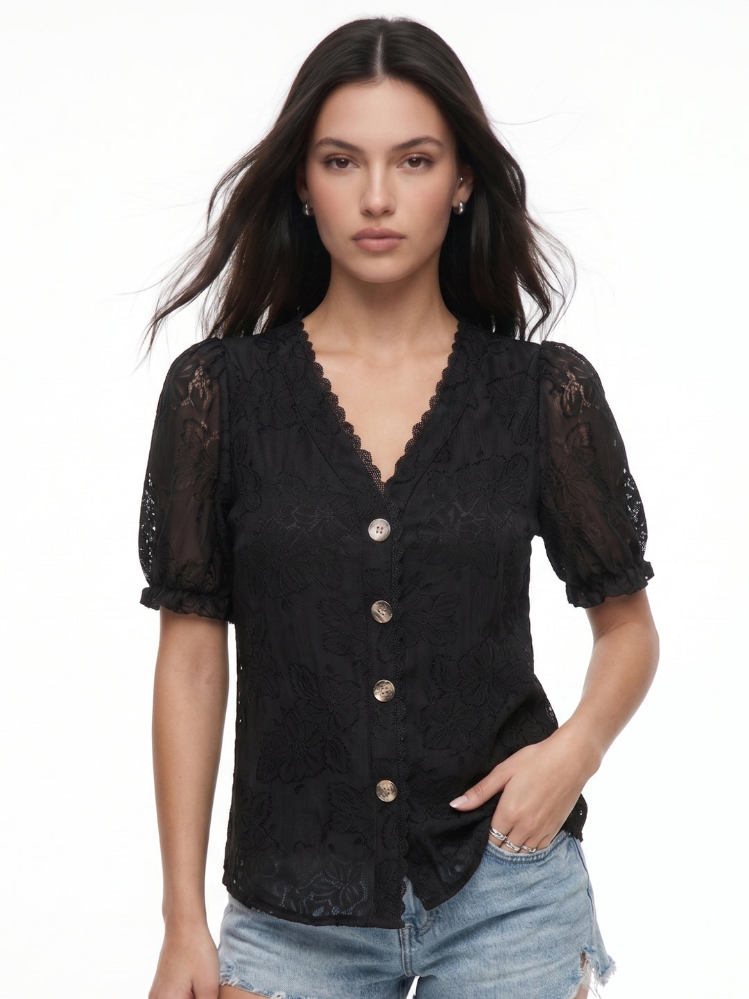 Black Lace Detail Front Buttoned Top