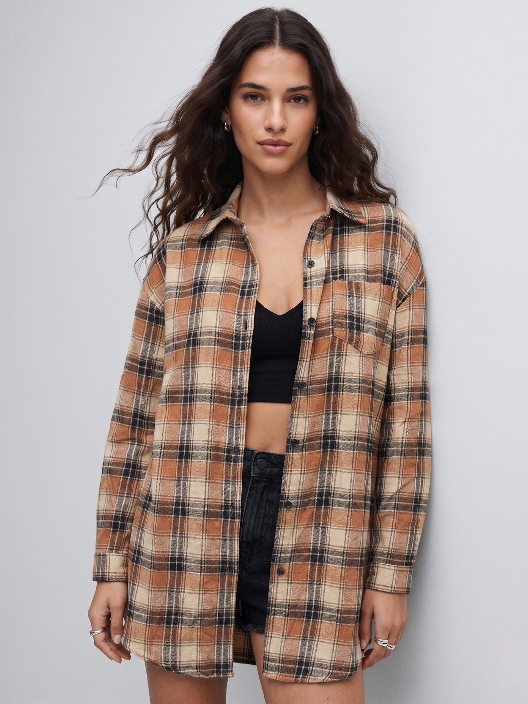 Brown Longline Checkered Shirt