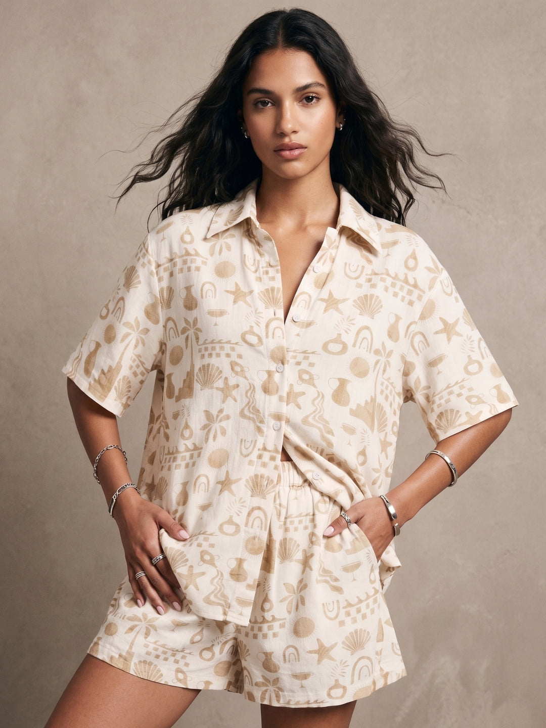 Beige Relaxed Printed Shirt And Shorts Co-Ord Set