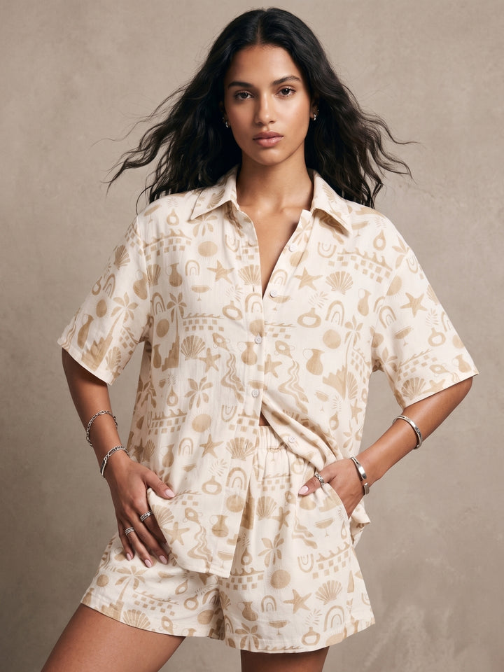 Beige Relaxed Printed Shirt And Shorts Co-Ord Set