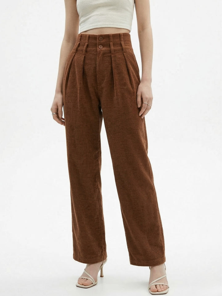 Brown High Waist Pleated Trouser With Belt