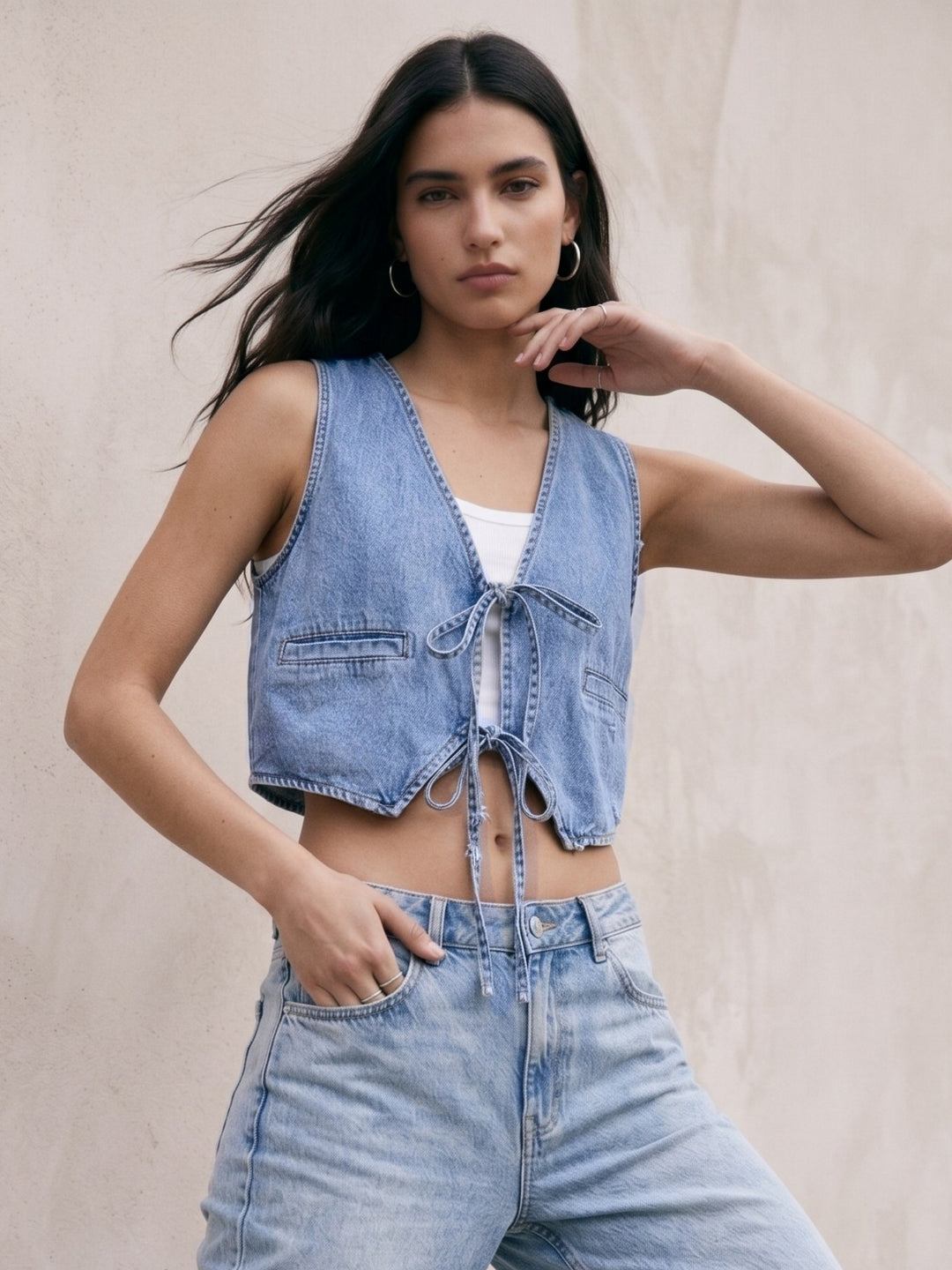 Blue Plunge Neck Front Tie Up Denim Vest Top