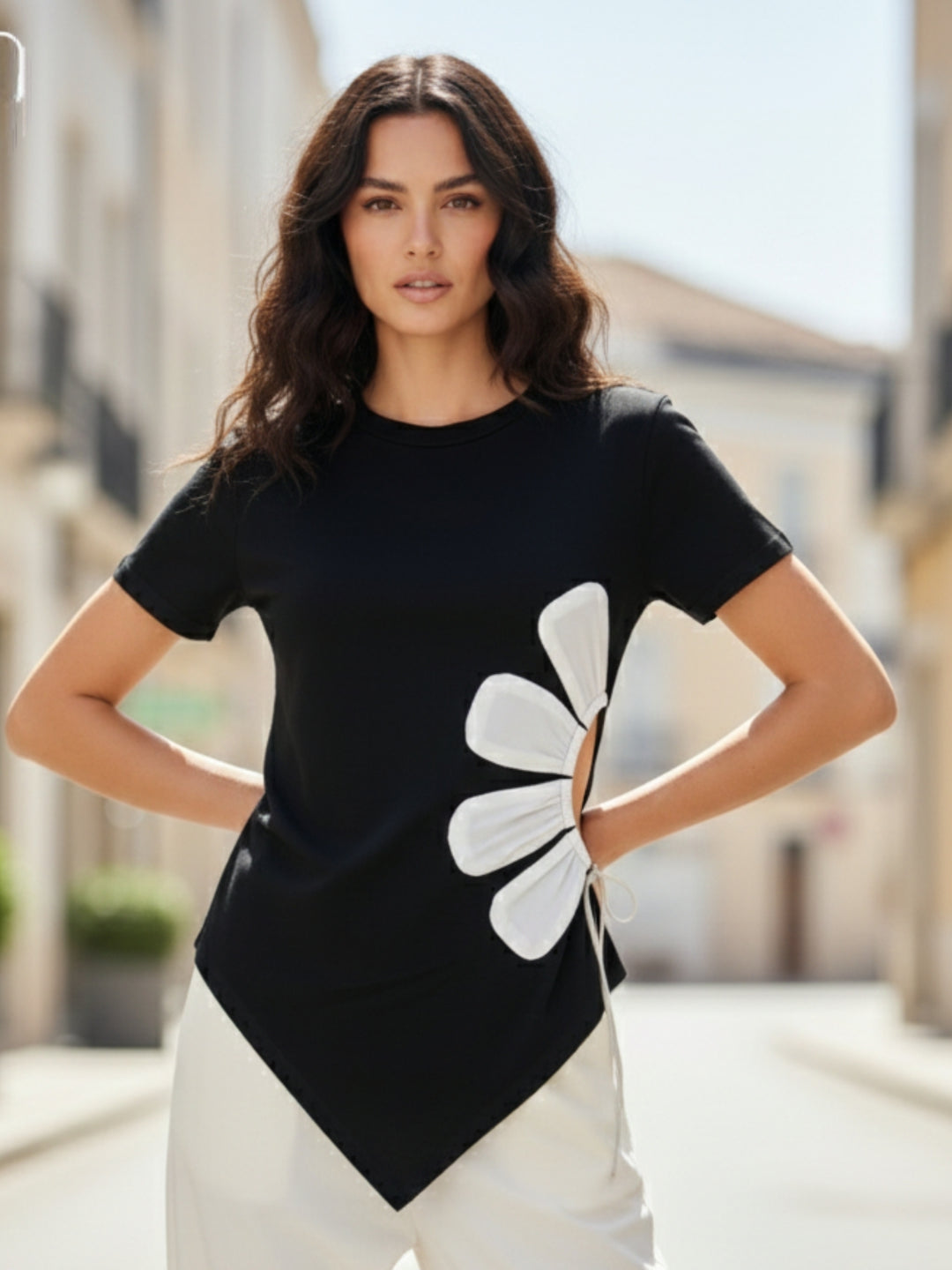 Black Short Sleeve Asymmetrical Hem Waist Detail Top
