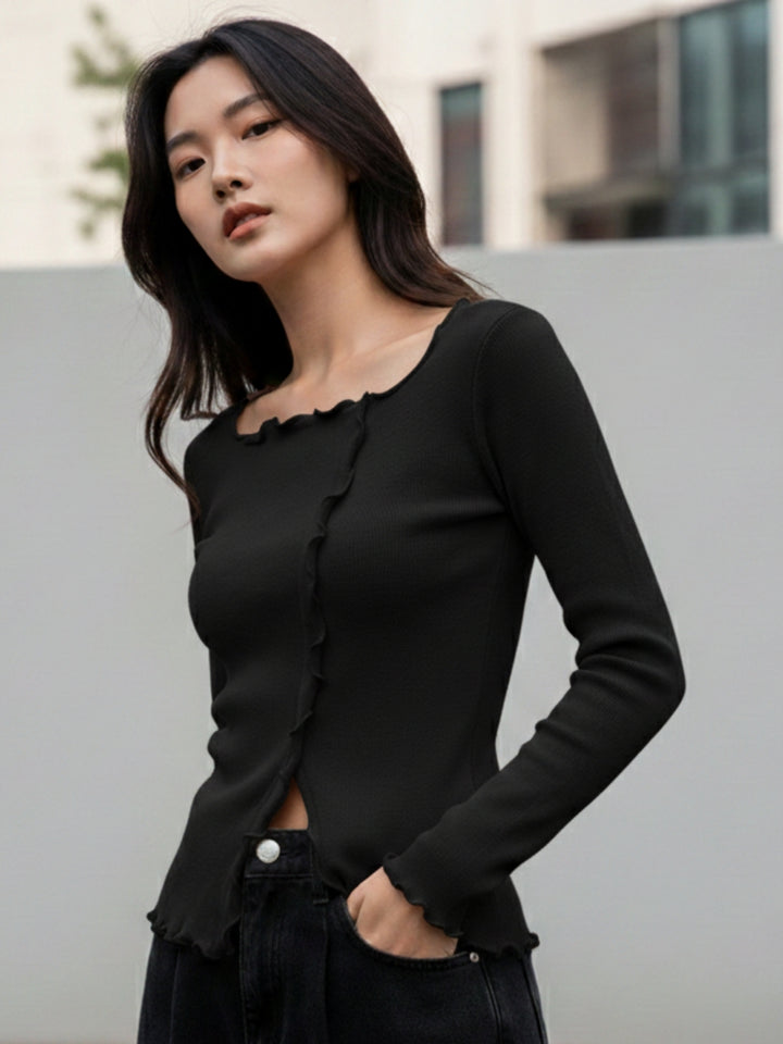 Black Full Sleeve Wavy Hem Top
