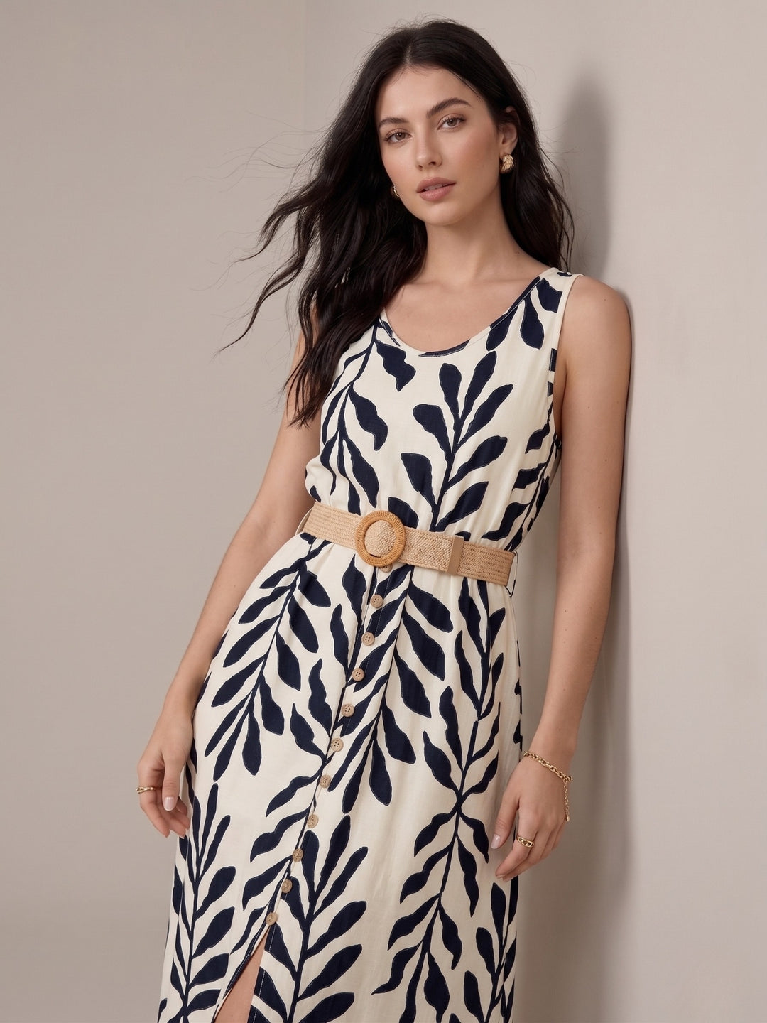 White Sleeveless Slit Printed Dress