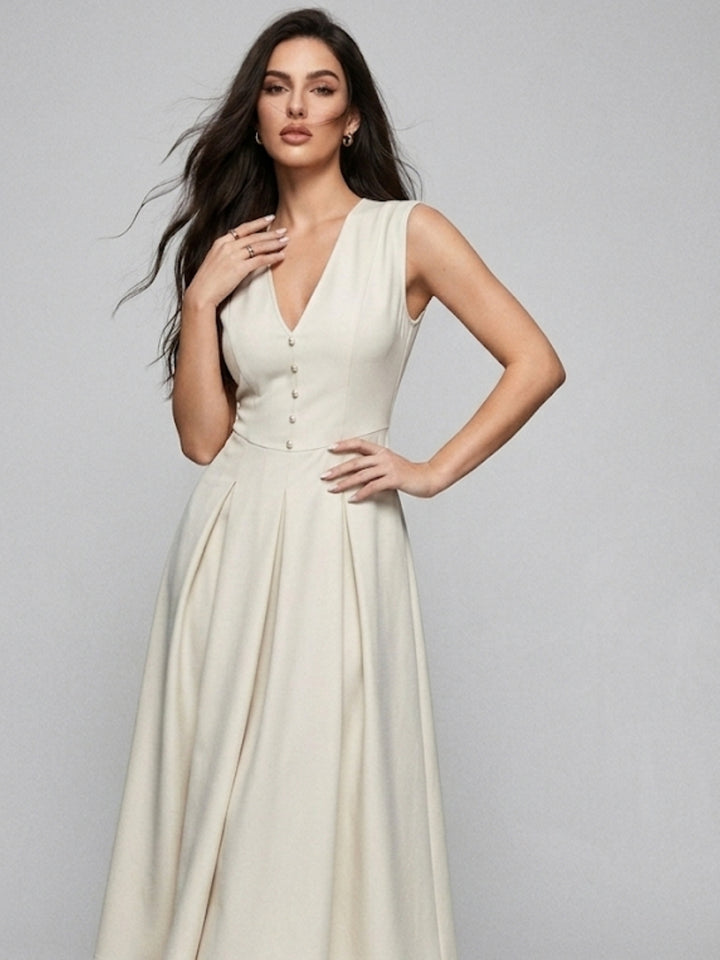 Off White Sleeveless V-Neck Dress