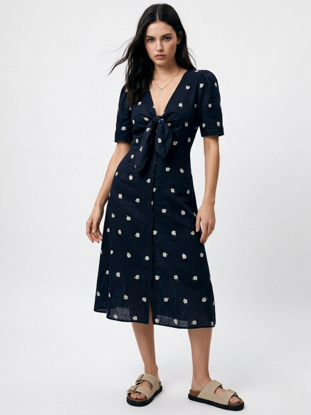 Navy Blue Short Sleeve Printed Slit Dress
