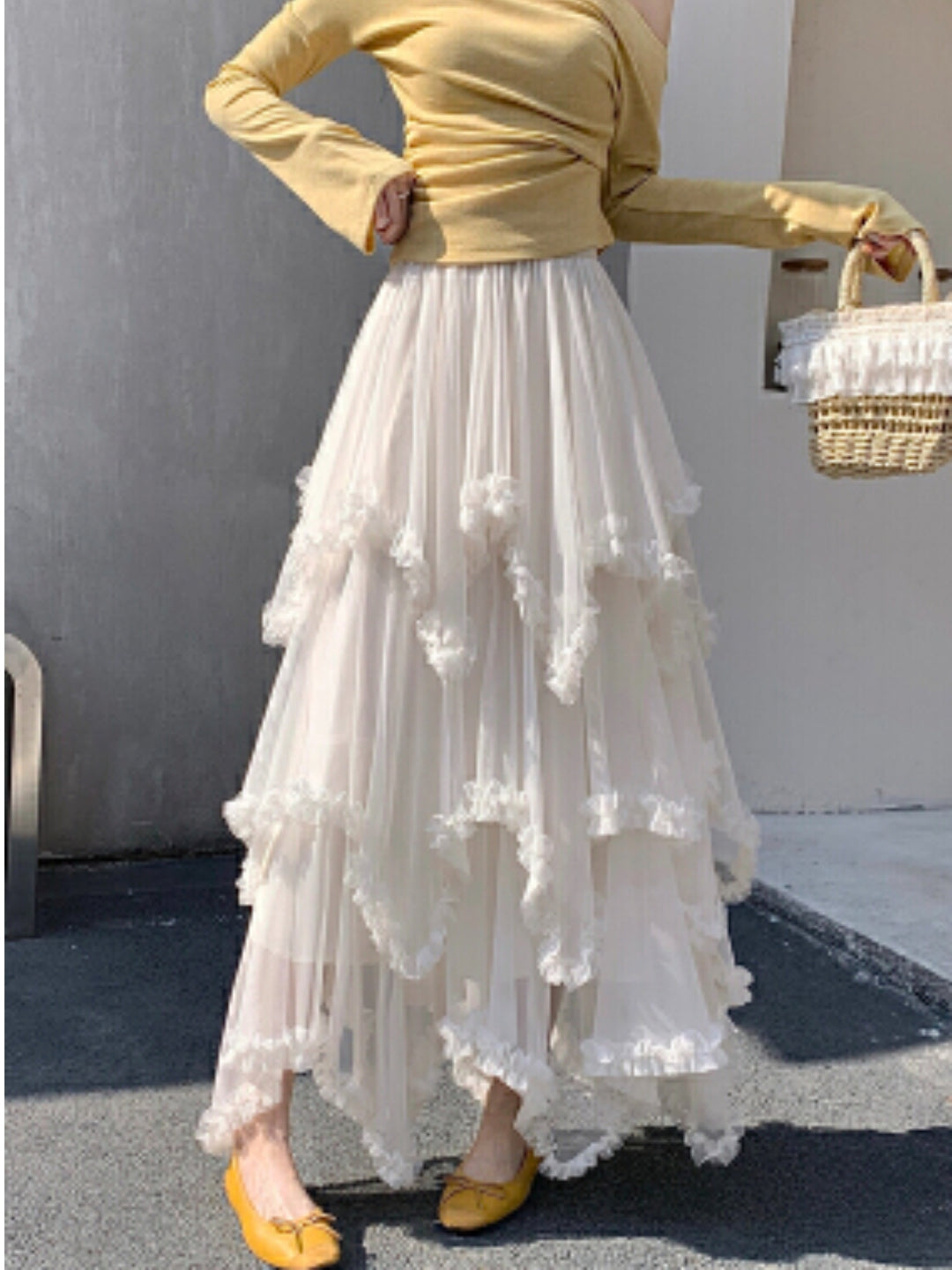 White Asymmetric Ruffled Skirt