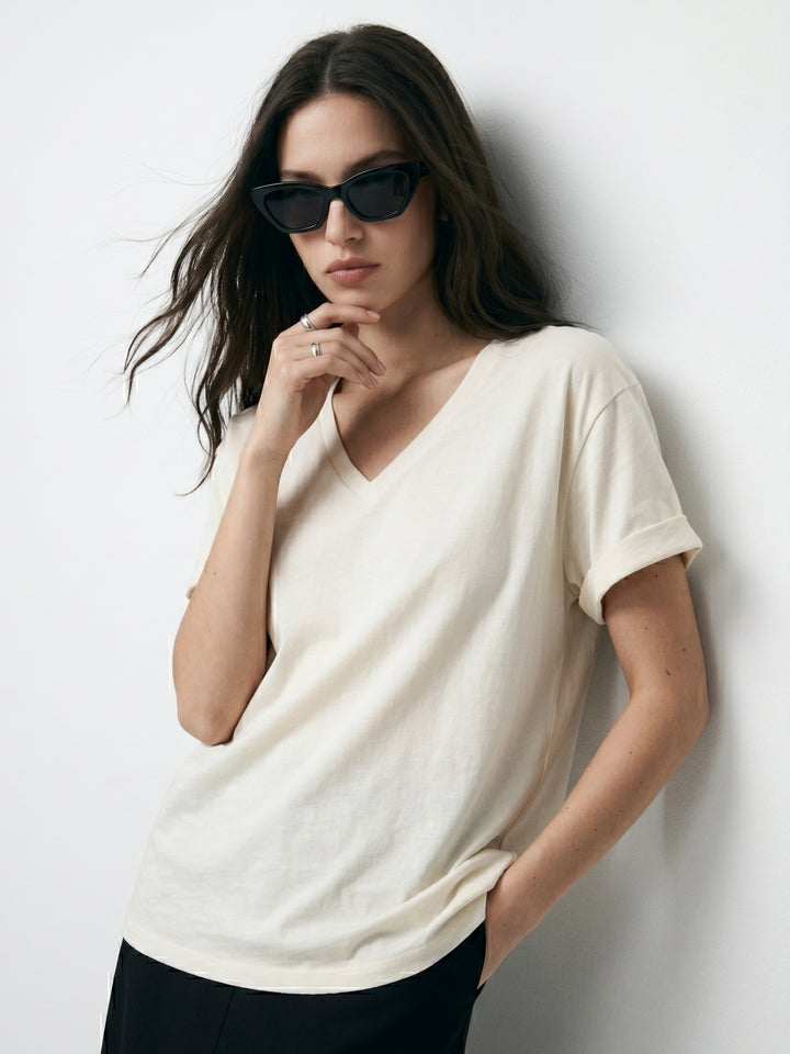 Off White V Neck Oversize Tshirt