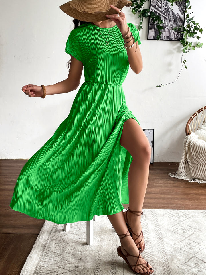 Green Pleated Solid Slit Dress