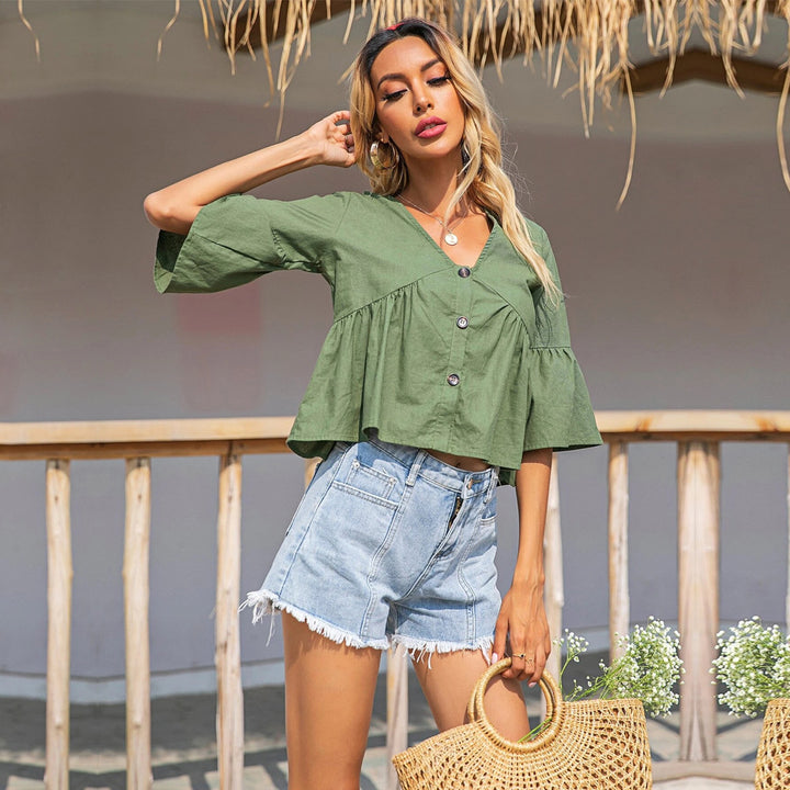 Green Ruffle Sleeve Front Button Top