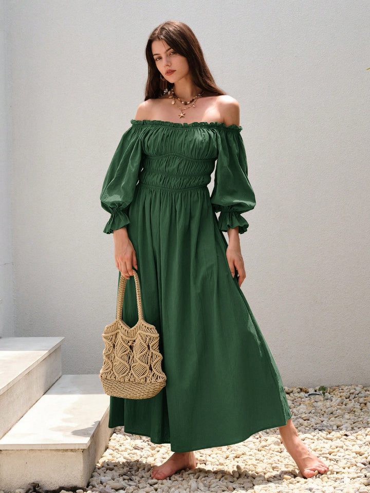 Green Off-Shoulder Flowy Dress