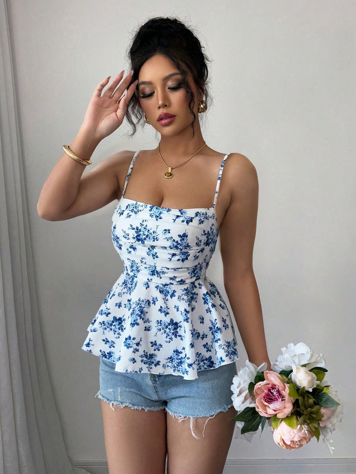 Blue Printed Shoulder Strap Flared Top