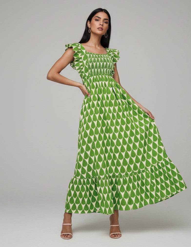 Green Ruffle Sleeve Square Neck Dress