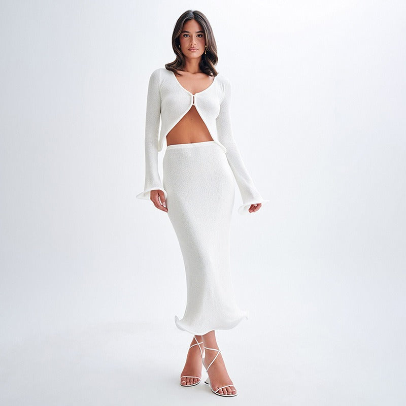 White V Neck Full Sleeves Fitted Top With Fitted Skirt Coord Set