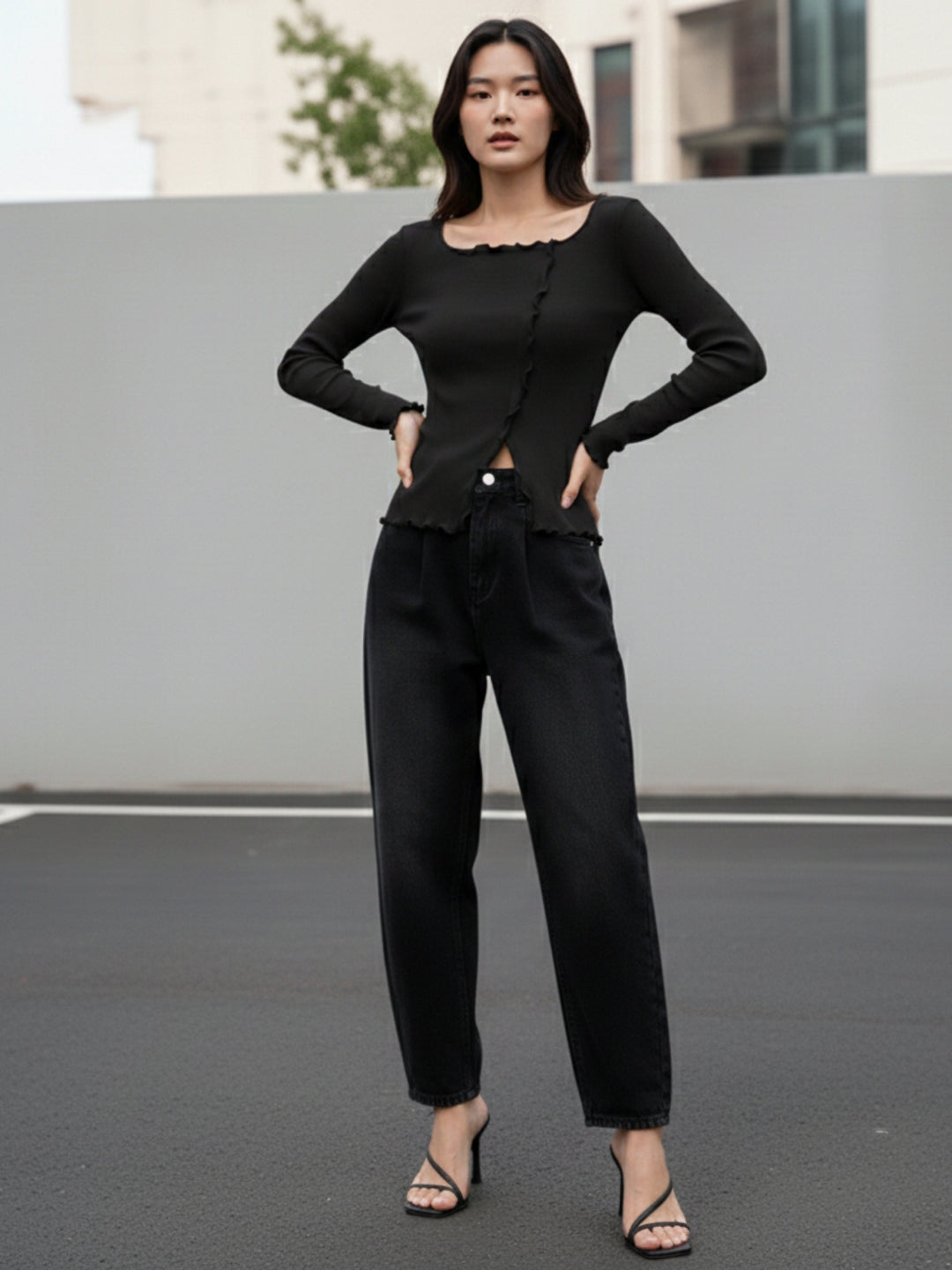 Black Full Sleeve Wavy Hem Top