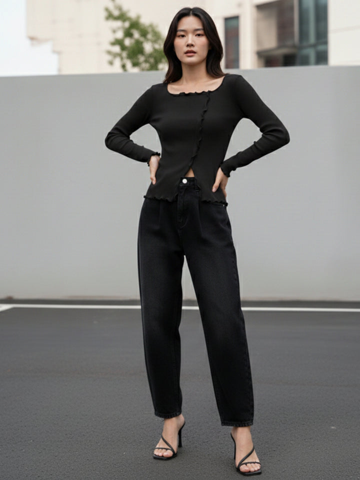Black Full Sleeve Wavy Hem Top