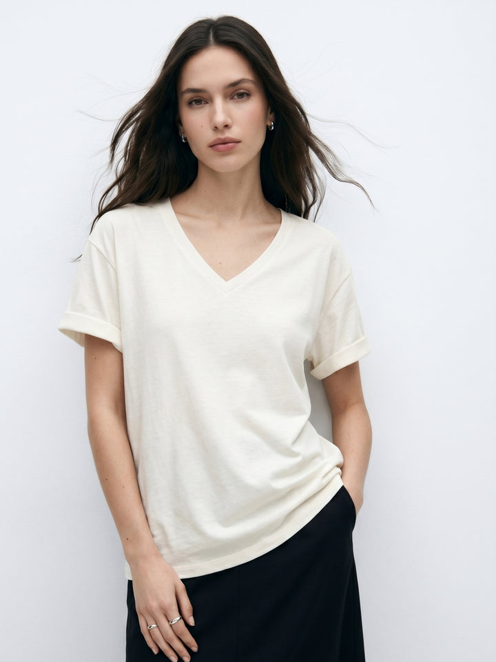 Off White V Neck Oversize Tshirt
