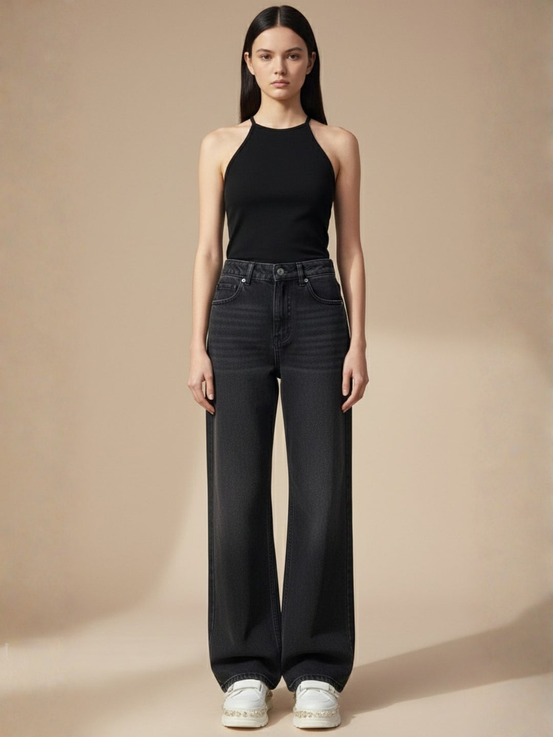 Black High Waist Washed Effect Jeans