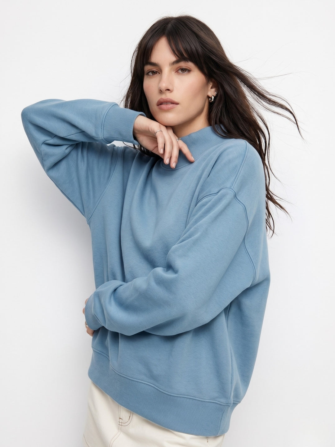 Blue High Neck Relaxed Fit Solid Sweatshirt