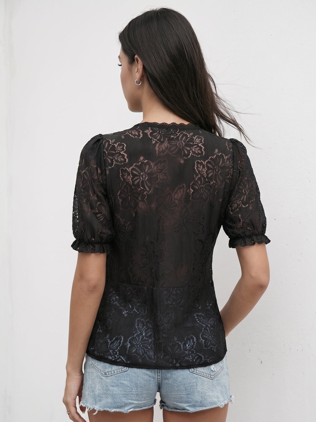 Black Lace Detail Front Buttoned Top