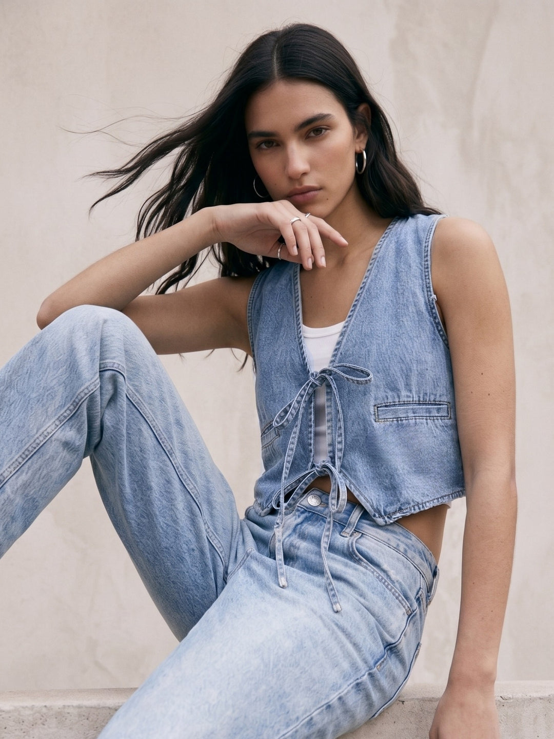 Blue Plunge Neck Front Tie Up Denim Vest Top