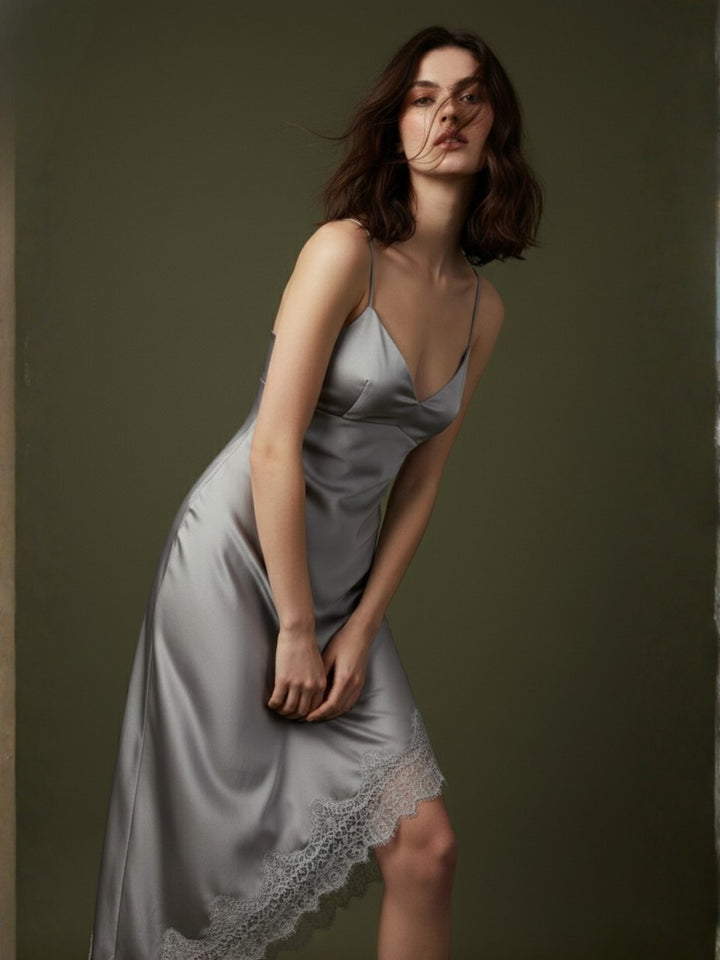 Grey Spaghetti Strap Lace Hem Dress