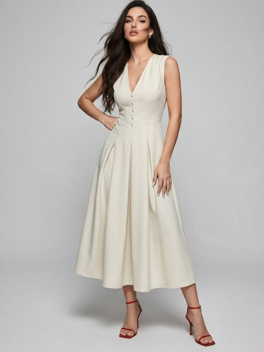 Off White Sleeveless V-Neck Dress