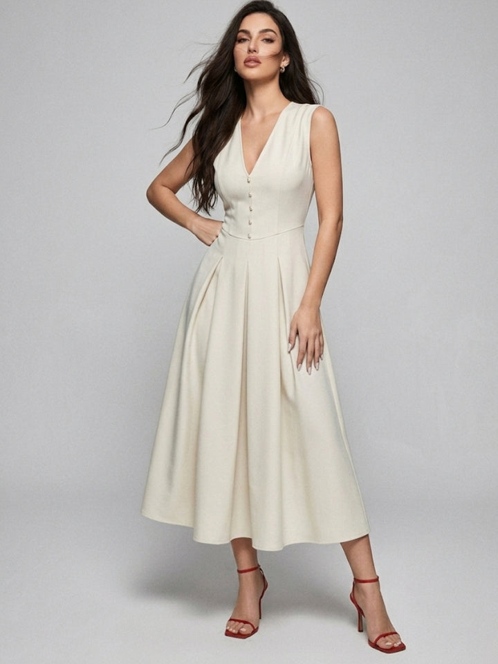 Off White Sleeveless V-Neck Dress