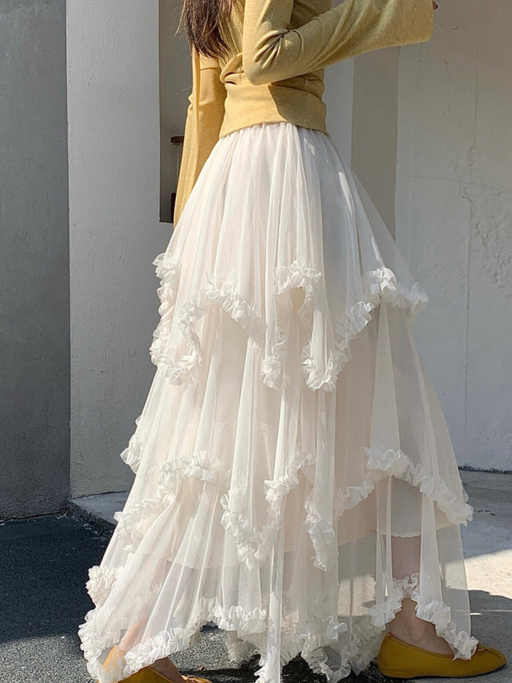 White Asymmetric Ruffled Skirt