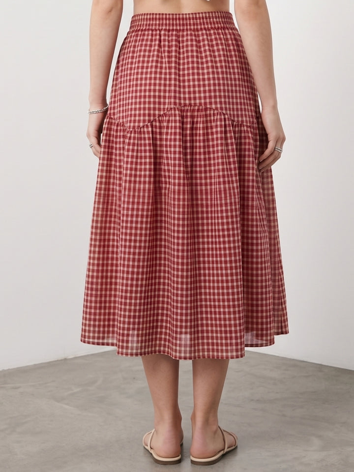 Red High Waist Checkered Skirt