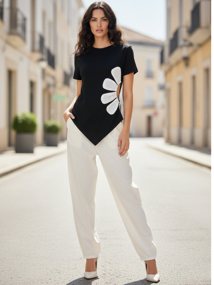Black Short Sleeve Asymmetrical Hem Waist Detail Top