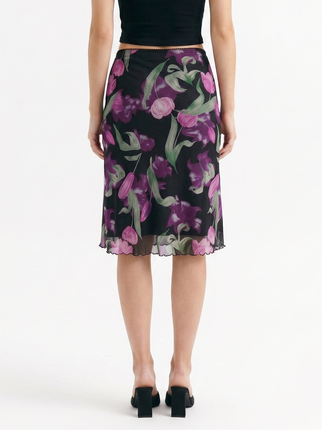 Black Floral Printed Mesh Skirt