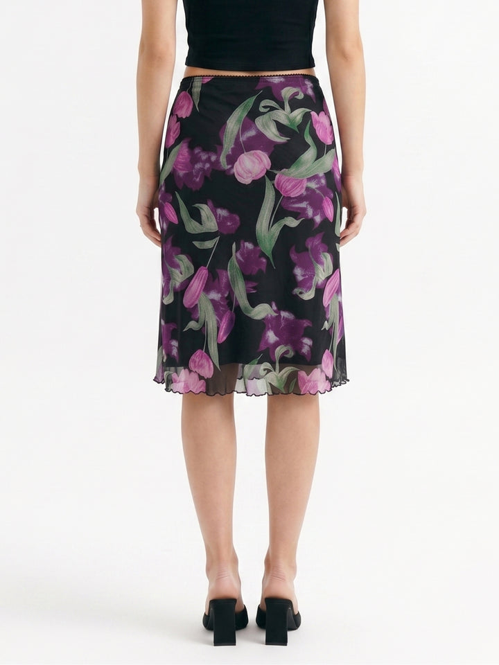 Black Floral Printed Mesh Skirt