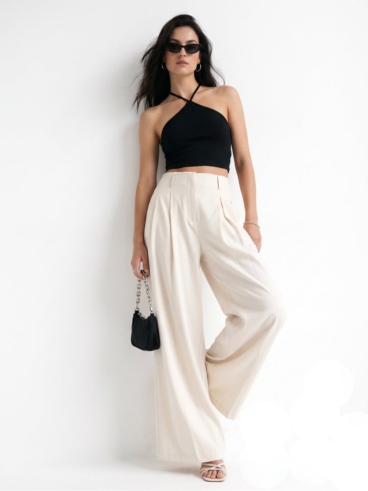 Beige Pleated Solid Trouser