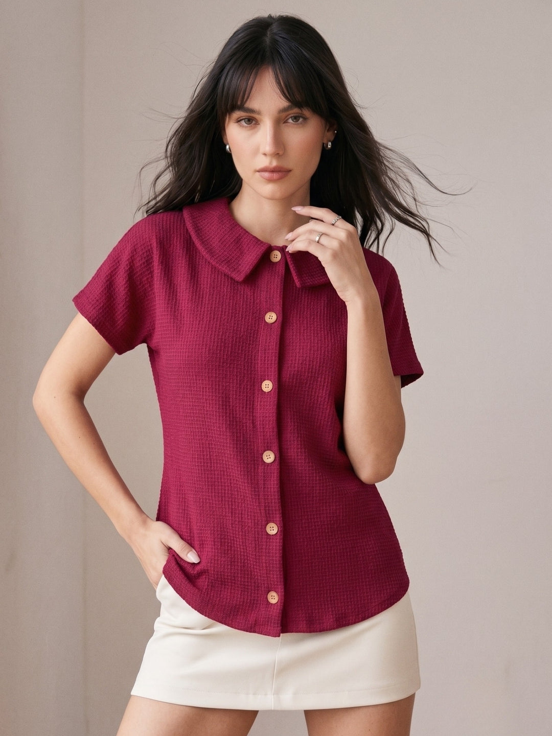 Magenta Waffles Textured Polo Button Down Top