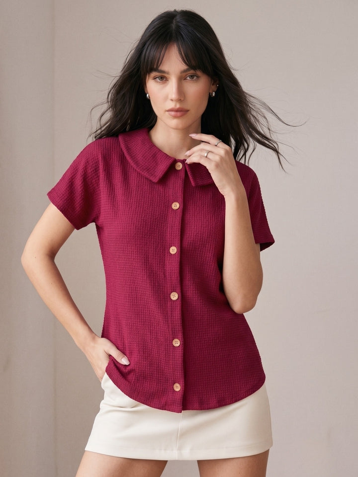 Magenta Waffles Textured Polo Button Down Top