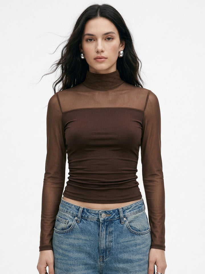 Brown Full Sleeve Mesh Top