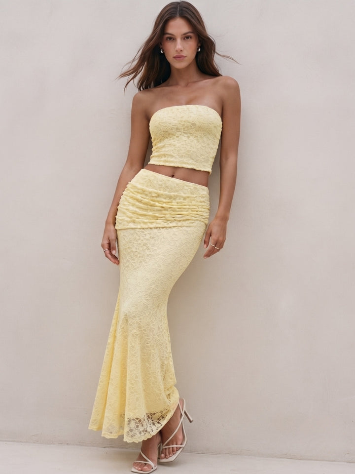 Yellow Tube Lace Top And Flared Lace Skirt