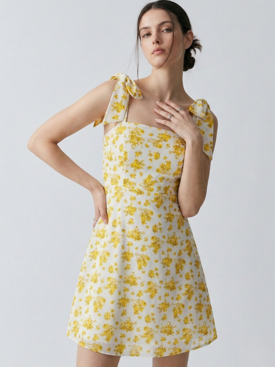 Yellow Shoulder Tie-Up Waist Fitted Dress