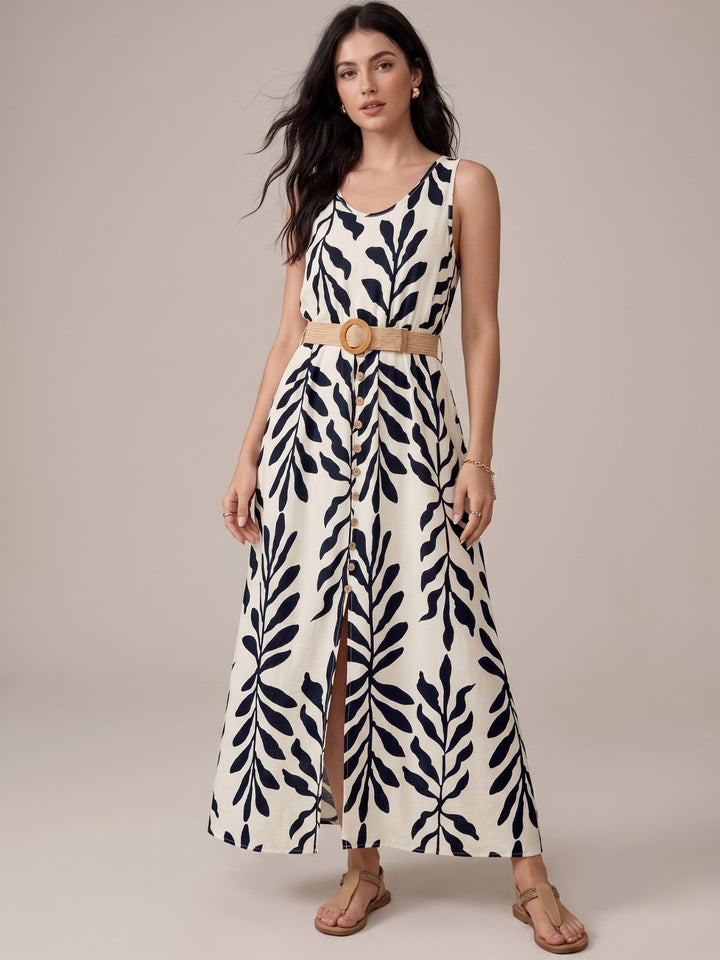 White Sleeveless Slit Printed Dress