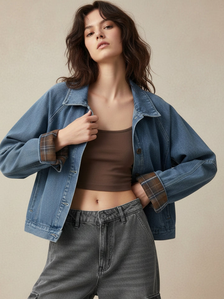 Blue Raglan Style Jacket With Checkered Cuffs