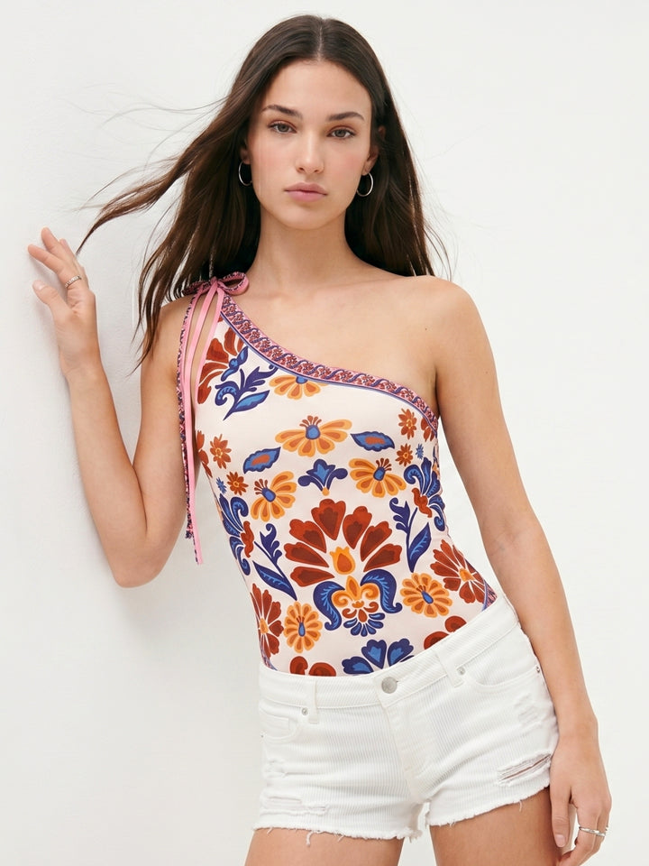 Multi One Shoulder Scarf Detail Bodysuit
