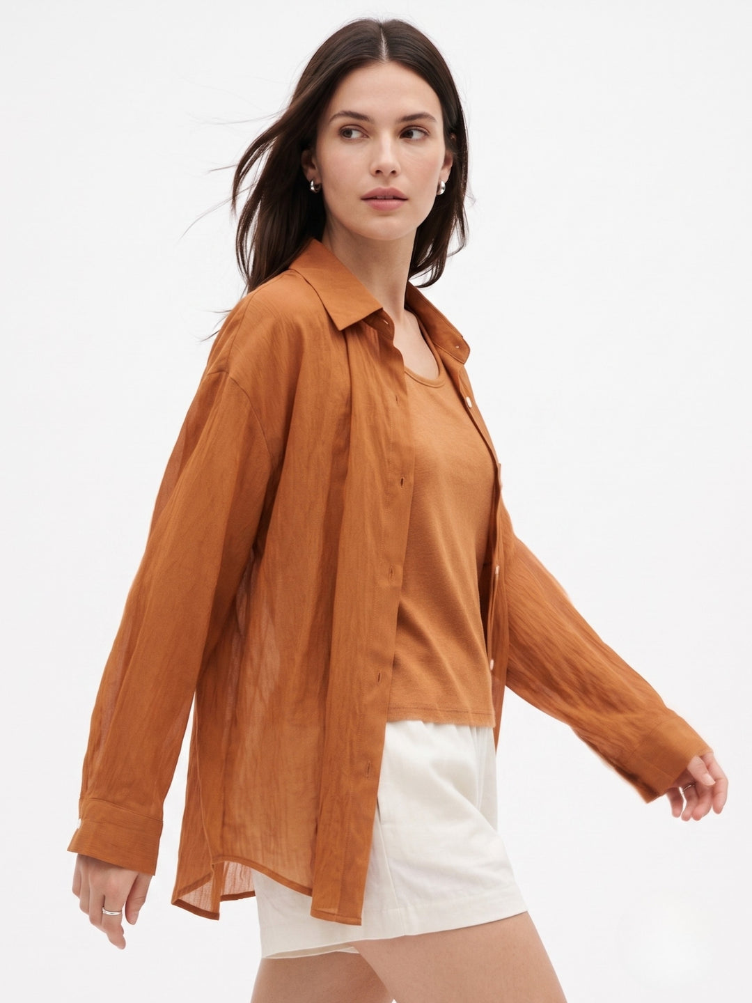 Orange Full Sleeve 2Piece Semi Sheer Shirt With Top