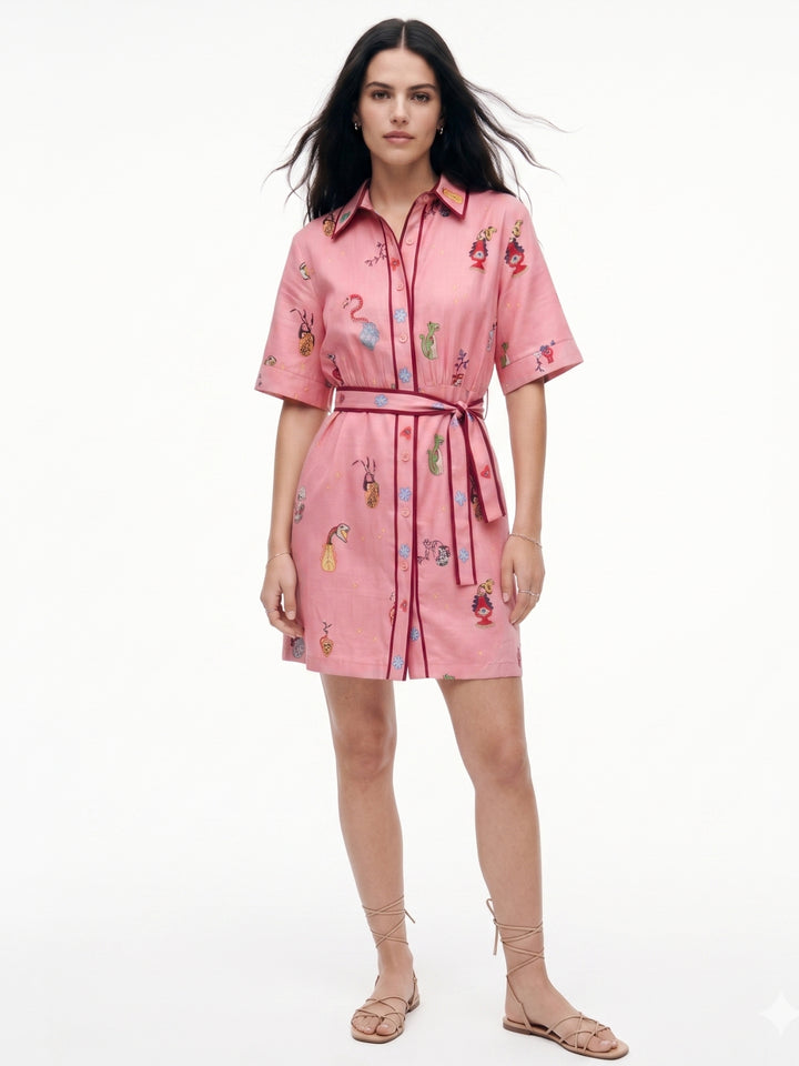 Pink Printed Collared  Dresses