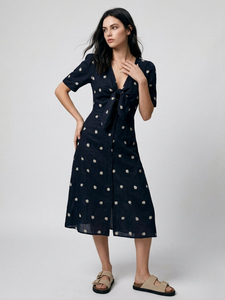 Navy Blue Short Sleeve Printed Slit Dress