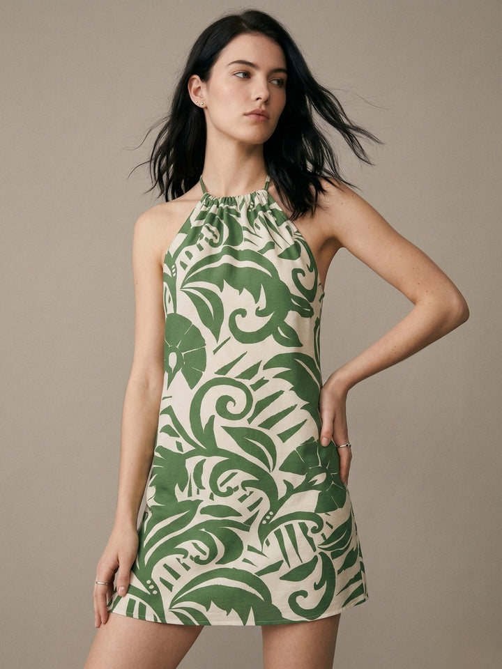 Green Halter Tie Up Vacation Printed Dress