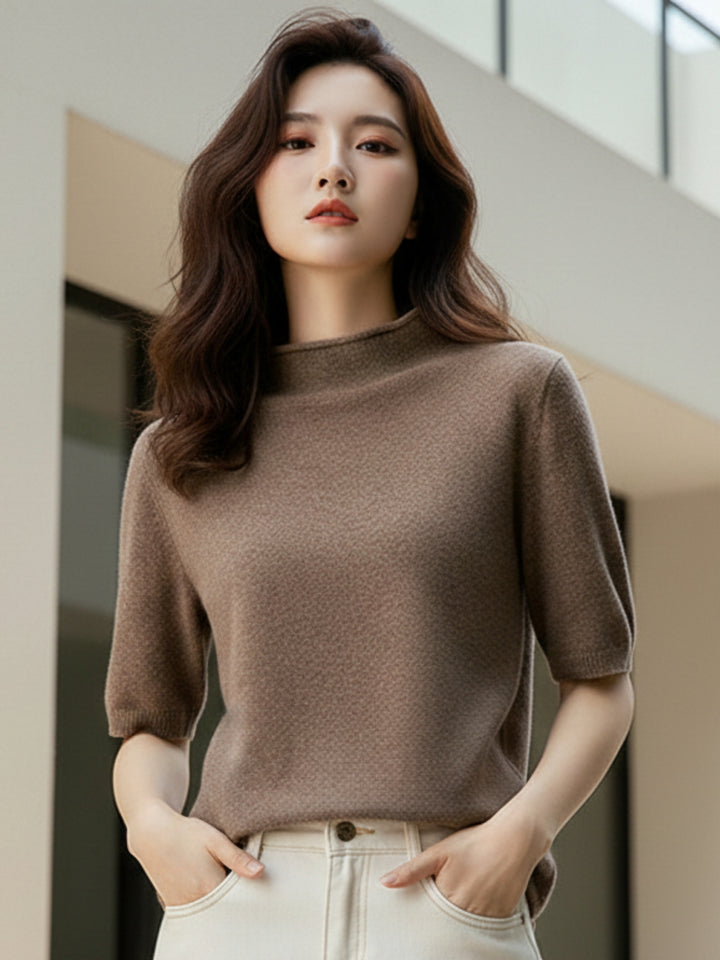 Brown Short Sleeve Mock Neck Relaxed Top